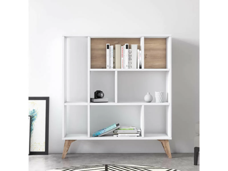 Bibliothèque à Huit Compartiments Ouverts, 95 X 25 X 106 Cm, Coloris Blanc Et Noyer – Image 5