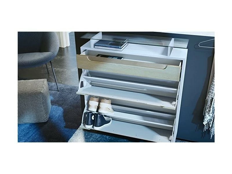 Meuble à Chaussures Blanc Mat/crème Haute Brillance, Poignées Encastrées En Crème Haute Brillance (89 X 104 X 23 Cm) – Image 4