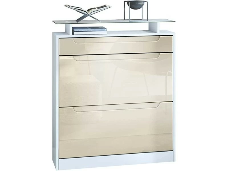 Meuble à Chaussures Blanc Mat/crème Haute Brillance, Poignées Encastrées En Crème Haute Brillance (89 X 104 X 23 Cm) – Image 5