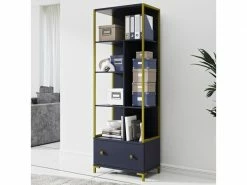 Bibliothèque Design Avec Nombreux Rangements Coloris Bleu Et Doré Collection Douglas.