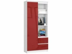 Brima - Bibliothèque Bureau Style Moderne Salon - 80x180x35 - 1 Porte+2 Tiroirs - Rouge