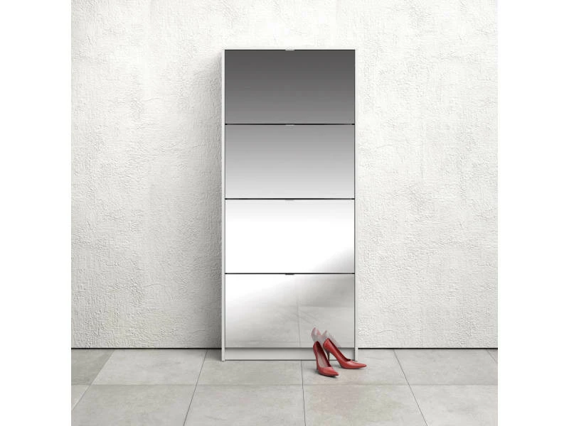 Meuble à Chaussures Avec Quatre Portes Miroir Et Double Profondeur, Couleur Blanc, 70,3 X 162 X 24,05 Cm