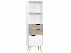 HOMCOM Meuble De Rangement Colonne Design Scandinave - 3 Tiroirs Et 2 Niches - Piètement Effilé Incliné Bois Pin Panneaux Particules Blanc