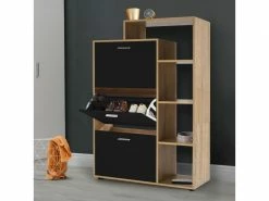 ID_MARKET Meuble à Chaussures Imitation Hêtre 3 Portes Noires Avec étagère