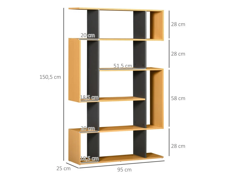 HOMCOM Bibliothèque étagère Meuble De Rangement Design Contemporain En S 13 étagères Dim. 95l X 25l X 150h Cm Aspect Bois Clair Gris – Image 3