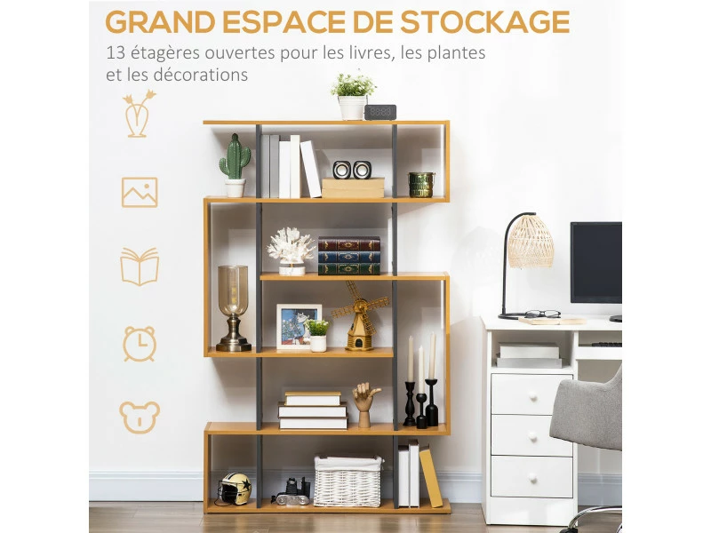 HOMCOM Bibliothèque étagère Meuble De Rangement Design Contemporain En S 13 étagères Dim. 95l X 25l X 150h Cm Aspect Bois Clair Gris – Image 5