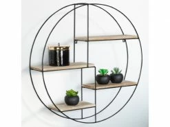ID_MARKET Etagère Murale Ronde Lily 4 Niveaux Bois Et Métal Design Industriel