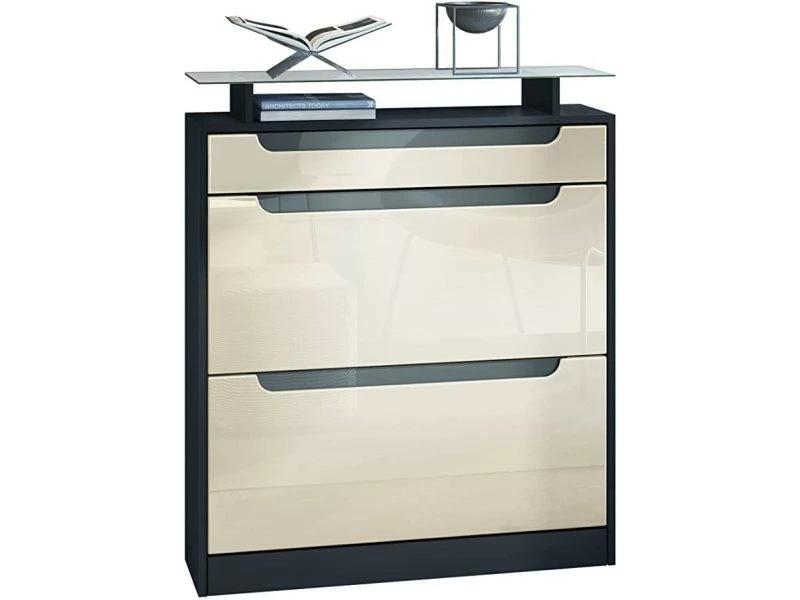 Meuble à Chaussures Noir Mat/crème Haute Brillance, Poignées Encastrées En Gris Haute Brillance (89 X 104 X 23 Cm) – Image 4