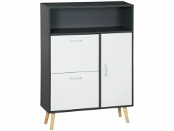 HOMCOM Meuble à Chaussures Design Scandinave 3 Portes 3 étagères Niche Pieds Effilés Inclinés Bois De Pin Panneaux Particules Blanc Gris