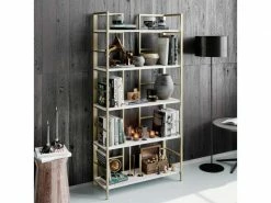 MENZZO Étagère Bibliothèque Cavea 180cm Bois Blanc Et Métal Or