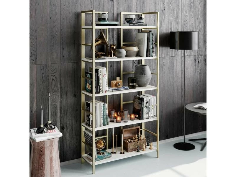 MENZZO Étagère Bibliothèque Cavea 180cm Bois Blanc Et Métal Or
