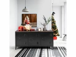 FURNITURER Meuble Tv Caisson Métal Bois Casier 3 Portes Noir
