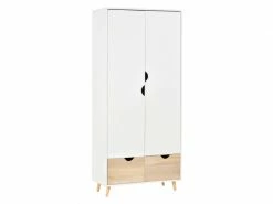 Armoire De Rangement Design Scandinave - Armoire De Chambre - Placard 2 Portes Avec Penderie Et étagère - 2 Tiroirs Coulissants - Panneaux Particules Blanc Chêne Clair