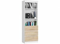 Akord Bibliothèque De Bureau, étagère R60 Blanche 60 Cm 3 Tiroirs Couleur Chêne Sonoma Mat, 3 étagères - 60x35x180 Cm