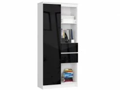 Akord Bibliothèque De Bureau, étagère R80 Blanche 80 Cm 1 Porte 2 Tiroirs Couleur Noir Brillant , 7 étagères - 80x35x180 Cm
