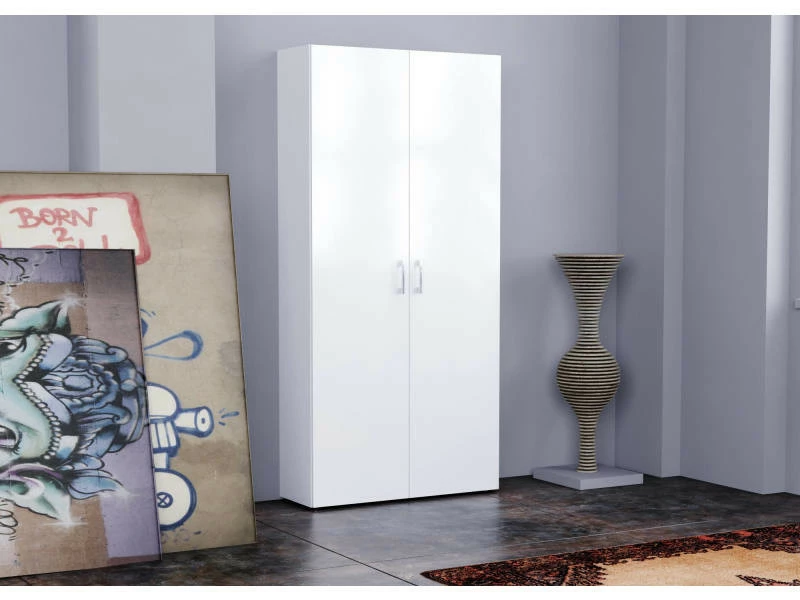 Étagère à Chaussures Moderne, Made In Italy, Avec 2 Portes Et étagères Internes, étagère à Chaussures D'entrée, Meuble Polyvalent, 91x33h190 Cm, Couleur Blanc Brillant