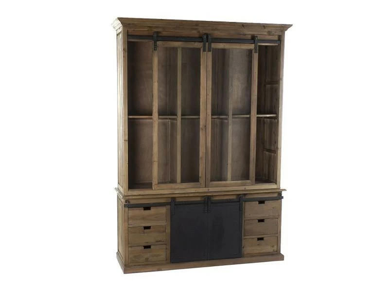 Bibliothèque En Bois Et En Verre Marron Avec 6 Tiroirs 4 Portes Et 1 étagère - Largeur 169 X Hauteur 235 X Profondeur 50cm