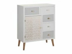 Meuble D'entrée 1 Porte 5 Tiroirs Blanc/gris - Kaïa - L 67 X L 34 X H 86 - Neuf