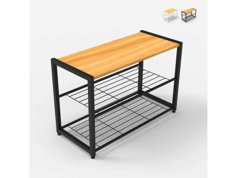 AHD_AMAZING_HOME_DESIGN Meuble à Chaussures Ouvert Avec 2 étagères Et 1 Plateau 8 Paires En Bois Et Métal Amnes