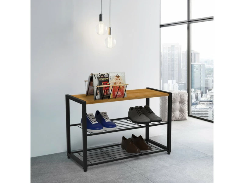AHD_AMAZING_HOME_DESIGN Meuble à Chaussures Ouvert Avec 2 étagères Et 1 Plateau 8 Paires En Bois Et Métal Amnes – Image 2