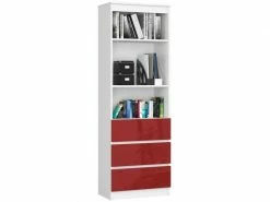 Akord Bibliothèque De Bureau, étagère R60 Blanche 60 Cm 3 Tiroirs Couleur Rouge Brillant , 3 étagères - 60x35x180 Cm