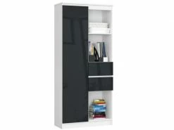 Akord Bibliothèque De Bureau, étagère R80 Blanche 80 Cm 1 Porte 2 Tiroirs Couleur Graphite Brillant , 7 étagères - 80x35x180 Cm