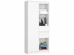Akord Bibliothèque De Bureau, étagère R80 Blanche 80 Cm 1 Porte 2 Tiroirs Couleur Blanc Mat, 7 étagères - 80x35x180 Cm