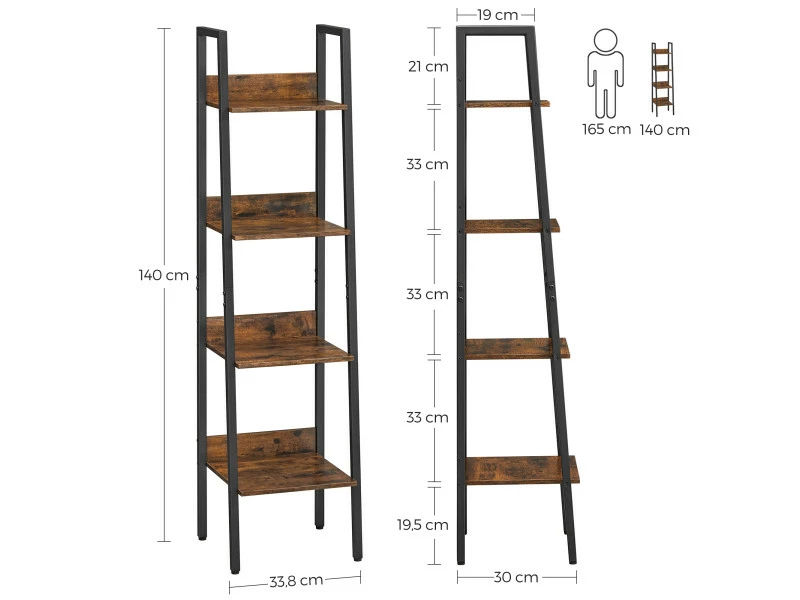 Vasagle étagère échelle, Bibliothèque à 4 Niveaux, Meuble De Rangement Sur Pied, Pour Salon, Chambre, Cuisine, Cadre En Acier, Facile à Assembler, Style Industriel, Marron Rustique Et Noir Lls108b01 – Image 5