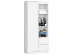 Akord Bibliothèque De Bureau, étagère R80 Blanche 80 Cm 1 Porte 2 Tiroirs Couleur Blanc Mat, 7 étagères - 80x35x180 Cm