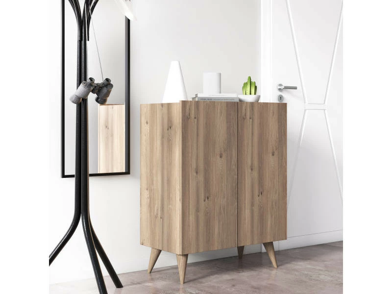 Meuble à Chaussures Avec Deux Portes Battantes Et Quatre étagères Internes, 70 X 37 X 88 Cm, Couleur Chêne