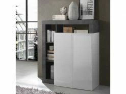 Meuble D'entrée 2 Portes Blanc Laqué Brillant/béton Ciré Foncé - Ischia - L 108 X L 42 X H 127 - Neuf