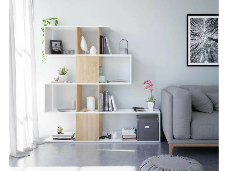 Bibliothèque Décorative Et Fonctionnelle à Cinq Compartiments, Blanche Avec Inserts Couleur Chêne, Dimensions 145 X 145 X 29 Cm