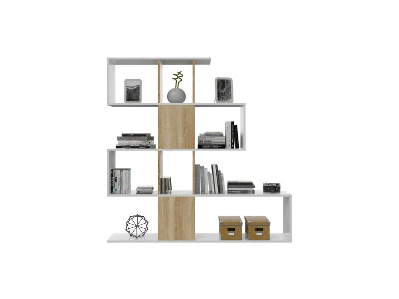 Bibliothèque Décorative Et Fonctionnelle à Cinq Compartiments, Blanche Avec Inserts Couleur Chêne, Dimensions 145 X 145 X 29 Cm – Image 4