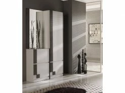 Meuble D'entrée Blanc/bois Noir + Armoire + Miroir - Sliman - L 120 X L 31.6 X H 197 - Neuf