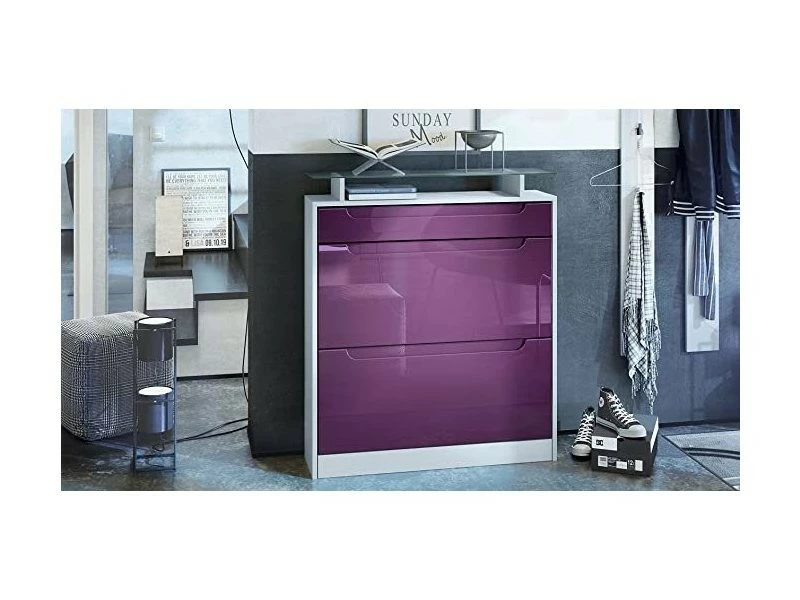 Meuble à Chaussures Blanc Mat/mûre Haute Brillance (89 X 104 X 23 Cm)