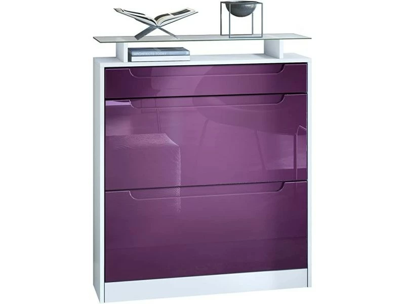 Meuble à Chaussures Blanc Mat/mûre Haute Brillance (89 X 104 X 23 Cm) – Image 2