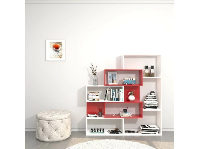 Homemania Librairie Era - Avec Des étagères, Des étagères - Du Mur, Du Bureau, Du Salon - Blanc, Rouge En Bois En Mélamine, Abs, 140 X 25 X 150 Cm