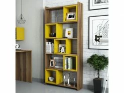 MENZZO Étagère Bibliothèque Carrée Iussit 170cm Bois Naturel Et Jaune