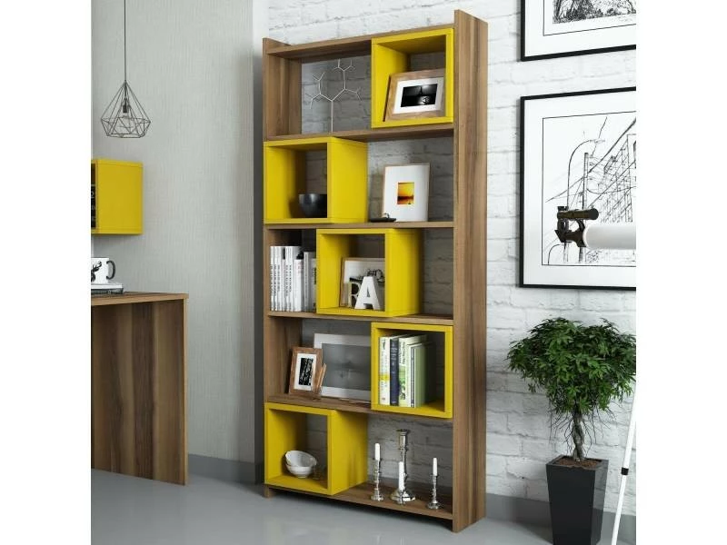 MENZZO Étagère Bibliothèque Carrée Iussit 170cm Bois Naturel Et Jaune