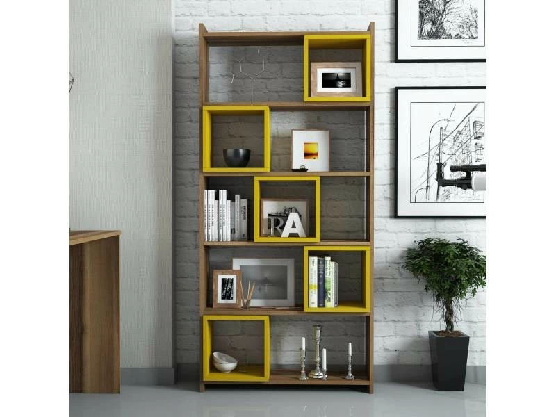 MENZZO Étagère Bibliothèque Carrée Iussit 170cm Bois Naturel Et Jaune – Image 2