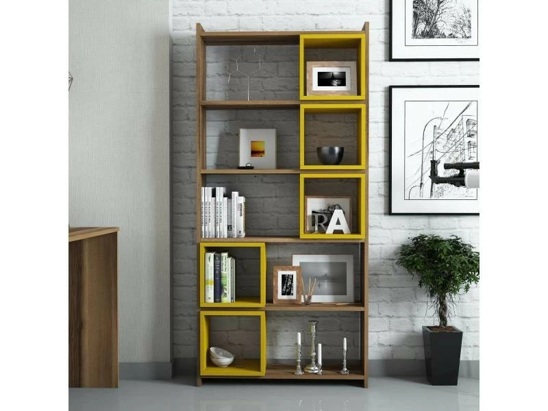 MENZZO Étagère Bibliothèque Carrée Iussit 170cm Bois Naturel Et Jaune – Image 3