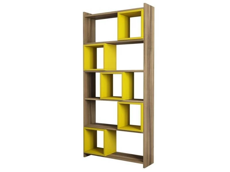 MENZZO Étagère Bibliothèque Carrée Iussit 170cm Bois Naturel Et Jaune – Image 4