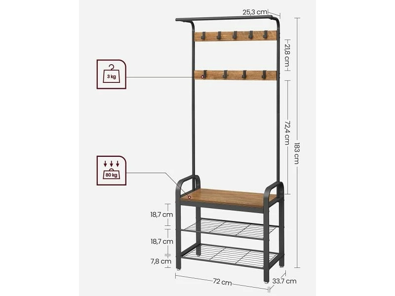 Meuble D’entrée Avec étagère Chaussures, Avec Crochets Amovibles, Marron Châtaigne – Image 3