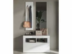 Meuble D'entrée Vestiaire Blanc Laqué Brillant - Matera - L 91 X L 35 X H 170 - Neuf