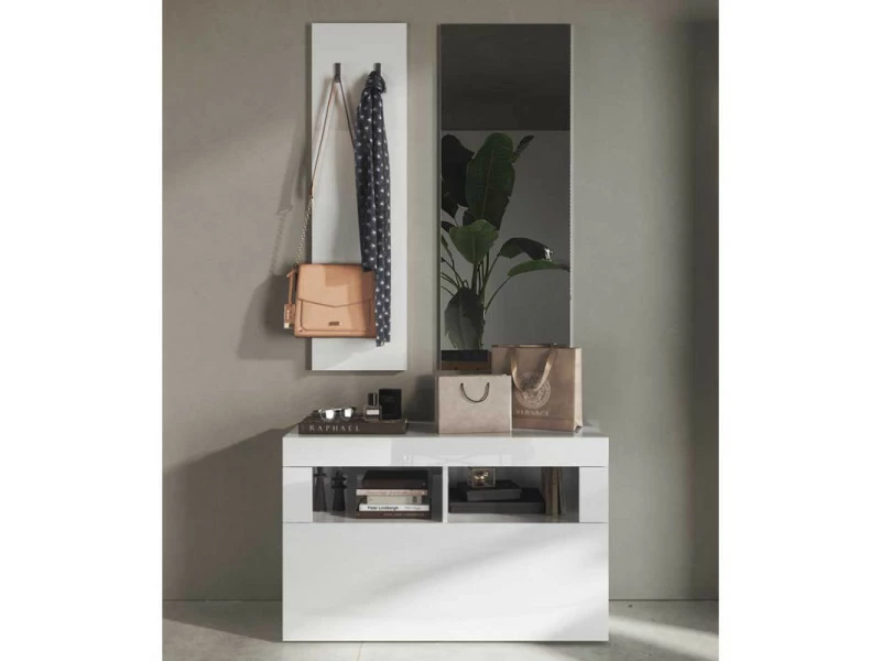 Meuble D'entrée Vestiaire Blanc Laqué Brillant - Matera - L 91 X L 35 X H 170 - Neuf