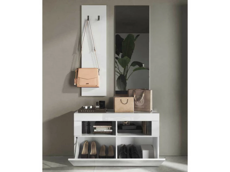 Meuble D'entrée Vestiaire Blanc Laqué Brillant - Matera - L 91 X L 35 X H 170 - Neuf – Image 2