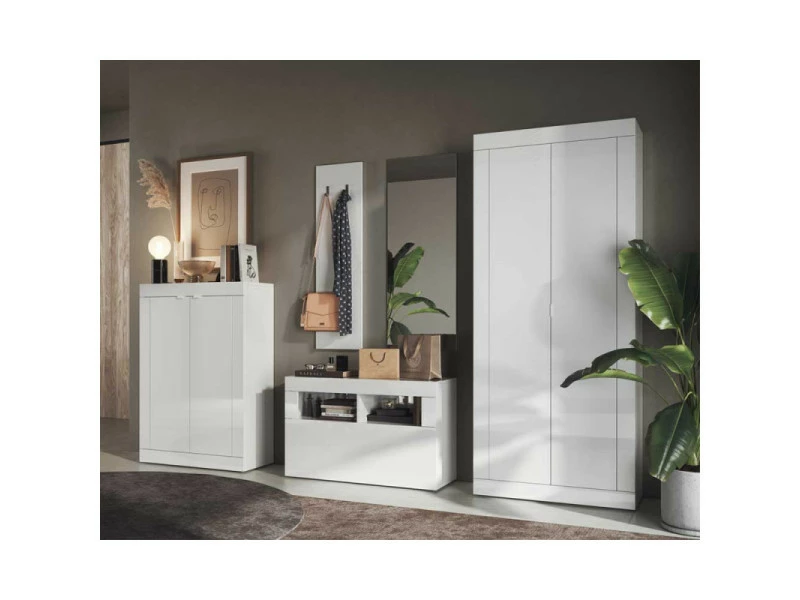 Meuble D'entrée Vestiaire Blanc Laqué Brillant - Matera - L 91 X L 35 X H 170 - Neuf – Image 3
