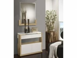 Meuble D'entrée Bois Blanc/chêne Blond + Miroir - Jungo - L 90 X L 28.5 X H 75 - Neuf