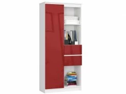 Akord Bibliothèque De Bureau, étagère R80 Blanche 80 Cm 1 Porte 2 Tiroirs Couleur Rouge Brillant , 7 étagères - 80x35x180 Cm