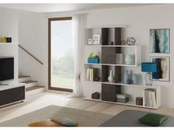 Bibliothèque Décorative Et Fonctionnelle à Cinq Compartiments, Blanche Avec Inserts Marron, Dimensions 145 X 145 X 29 Cm